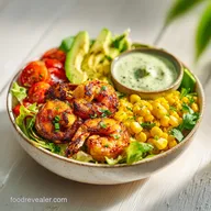 Grilled Shrimp Bowl with Avocado Corn and Garlic Sauce