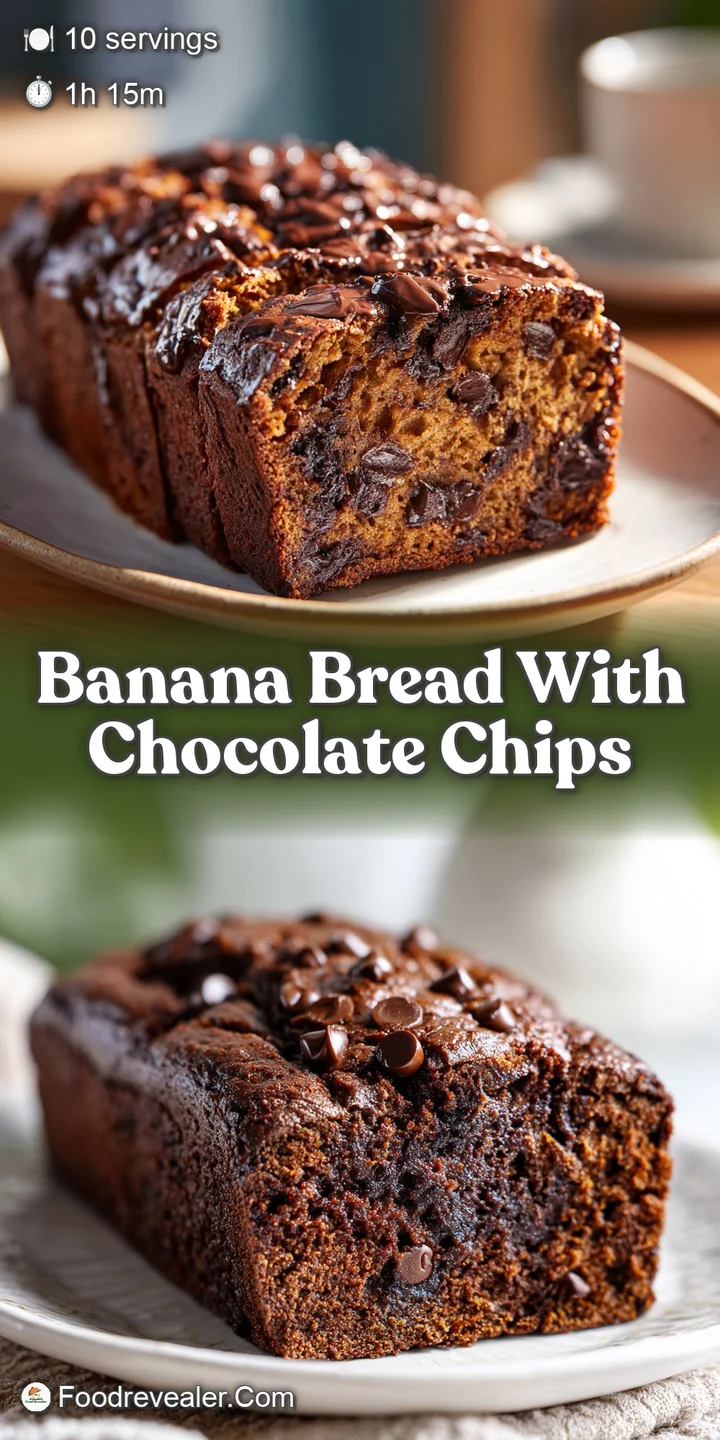 Close-up of soft, moist banana bread showing melted chocolate chips and inviting texture. Freshly baked and steaming.