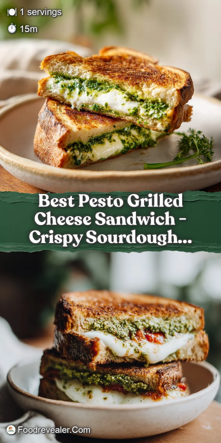 Close-up of a pesto grilled cheese, showcasing the melted mozzarella, crisp bread, and vibrant green homemade pesto sauce.