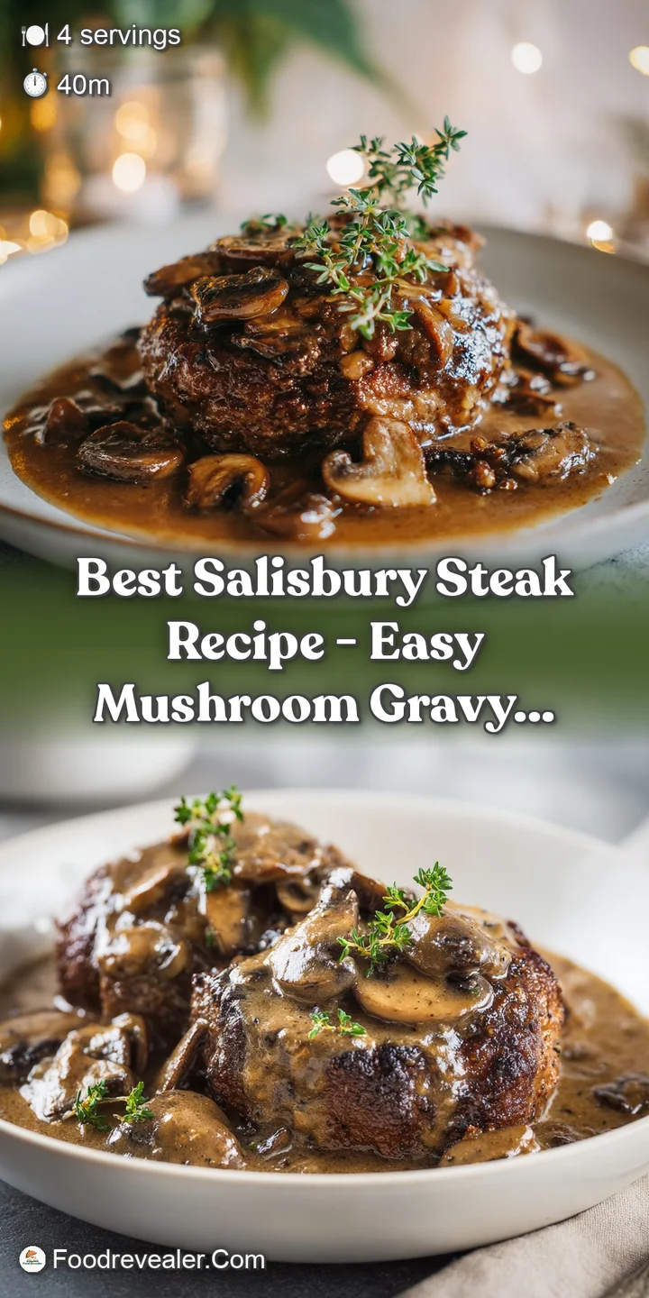 Close-up of a juicy Salisbury steak with a glistening mushroom gravy and a sprinkle of fresh parsley.