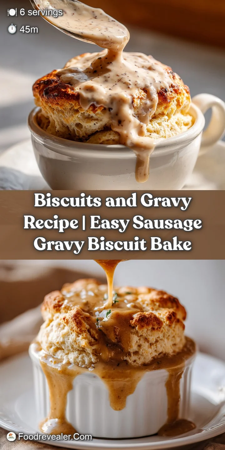 A close-up shot reveals the steaming, velvety texture of hot gravy cascading over tender, flaky biscuits.