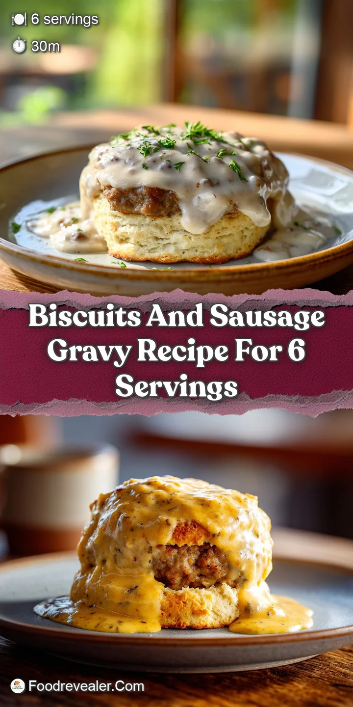 Close-up of creamy sausage gravy pooling around a freshly baked biscuit, hints of pepper and browned sausage visible.