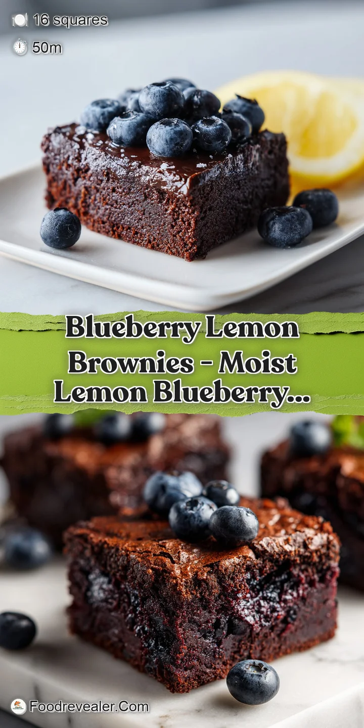 Close-up of a lemon brownie bursting with blueberries. Mottled top with powdered sugar clings to the moist surface.