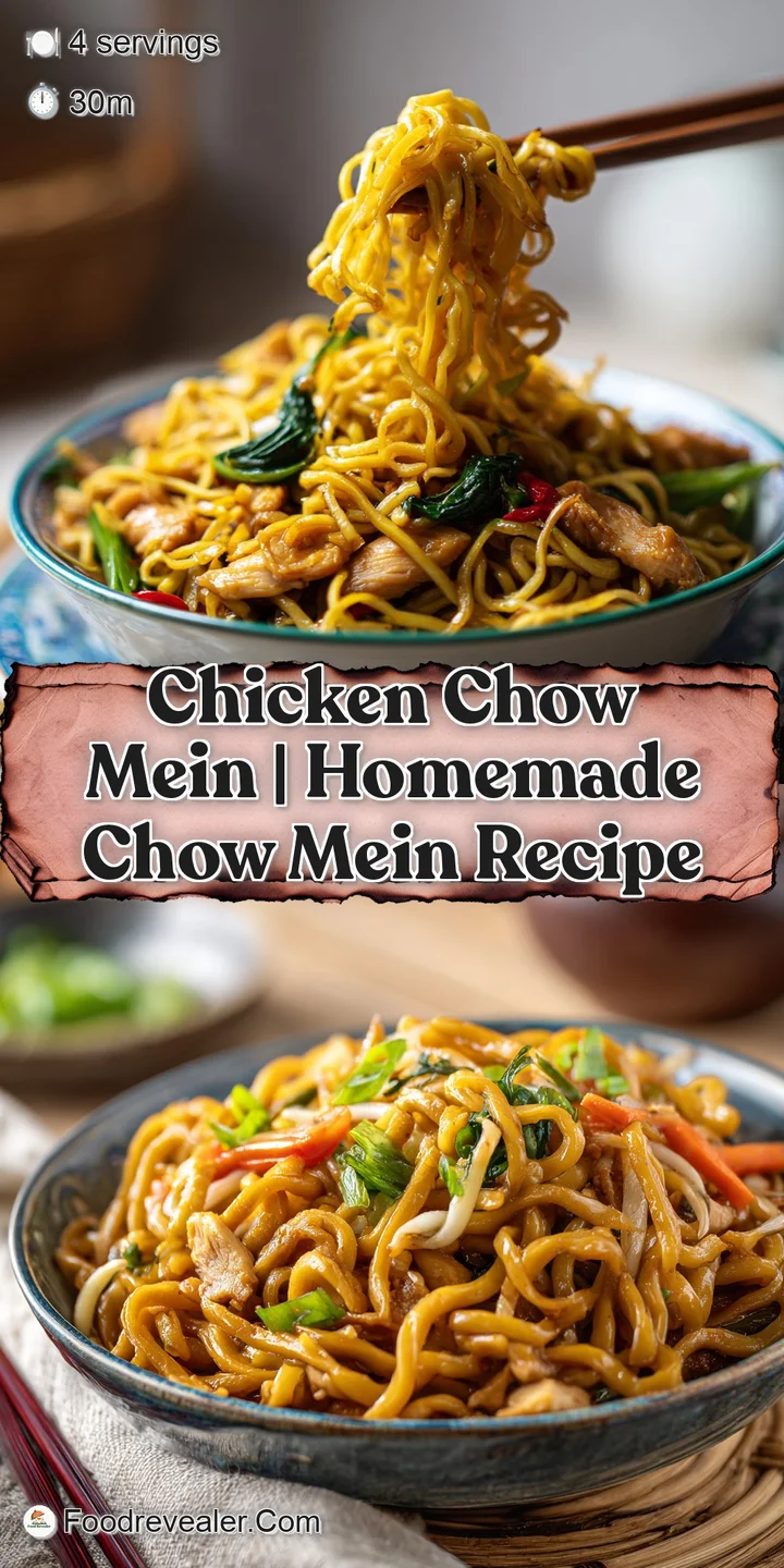 Close-up of glossy noodles tossed with succulent chicken and bright green broccoli florets.