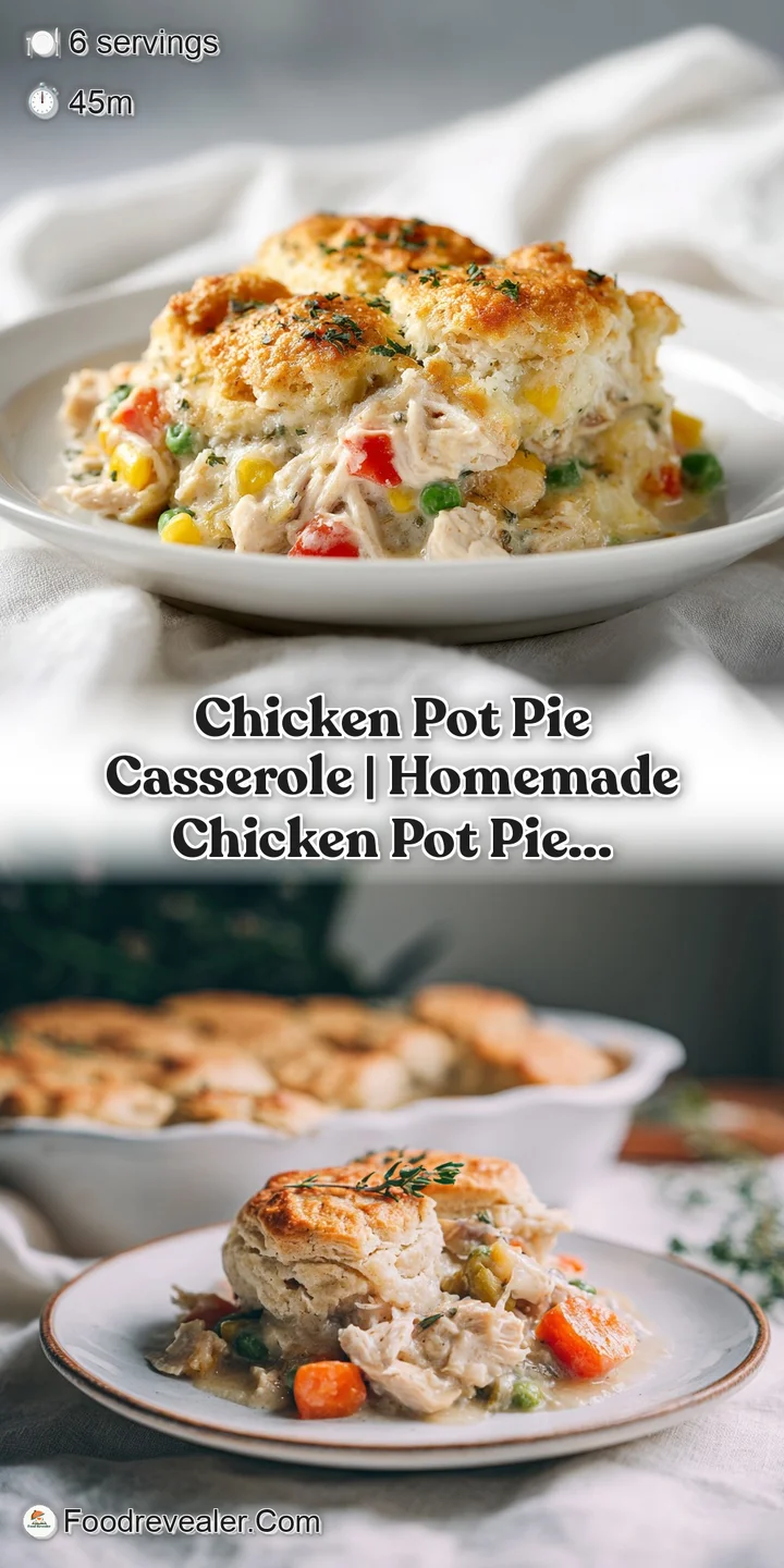 Close-up of tender chicken and vibrant vegetables in a rich, creamy sauce, under a golden biscuit crust.