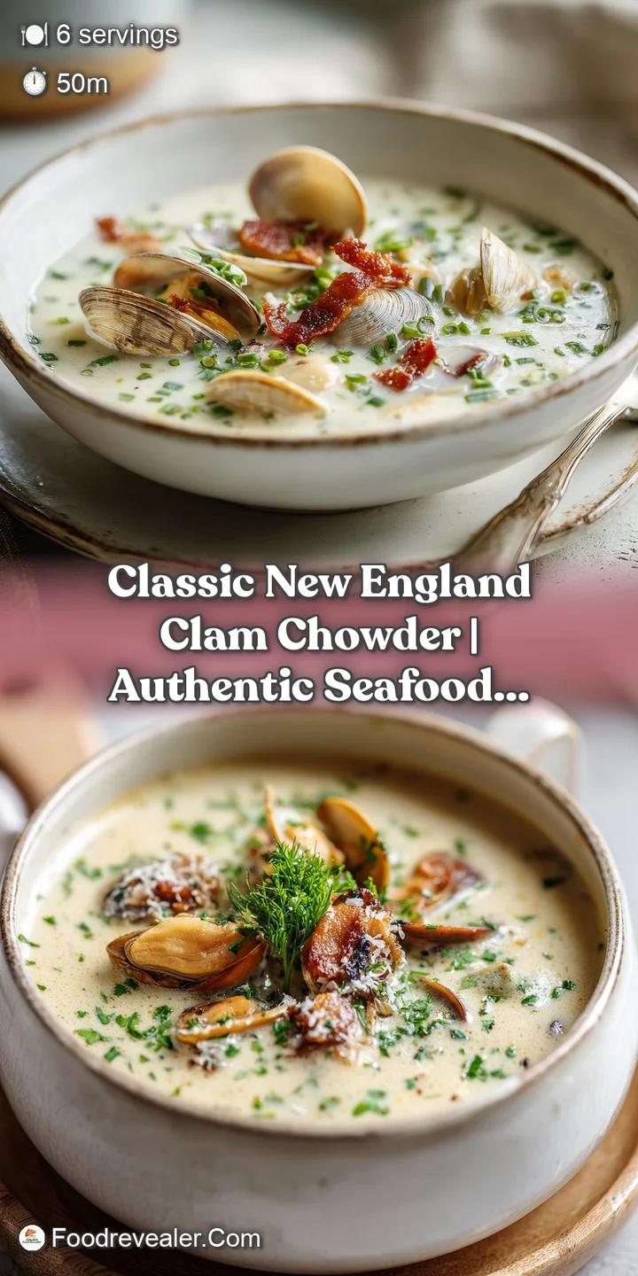 Close-up of rich, creamy clam chowder with visible chunks of tender clams and diced potatoes.