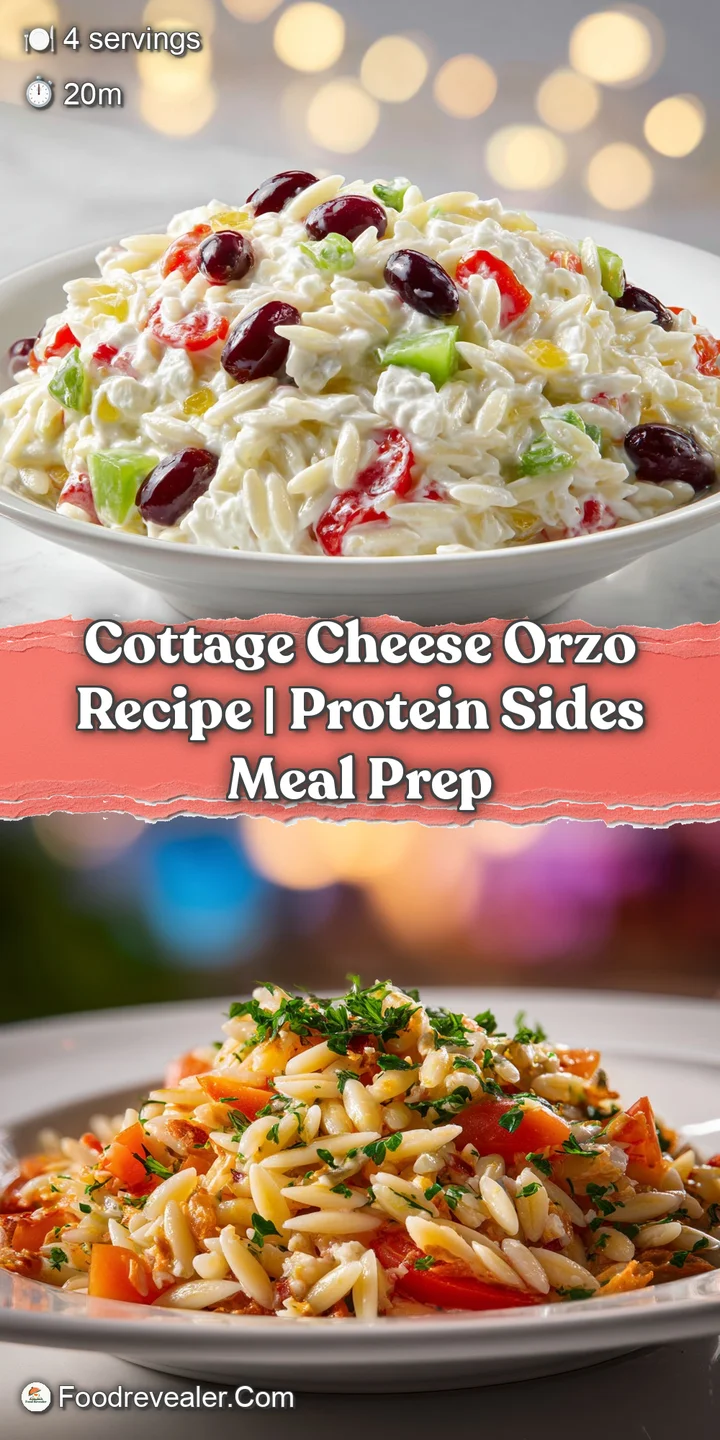 Close-up of glistening orzo pasta blended with small curd cottage cheese, showcasing texture and fresh herbs.