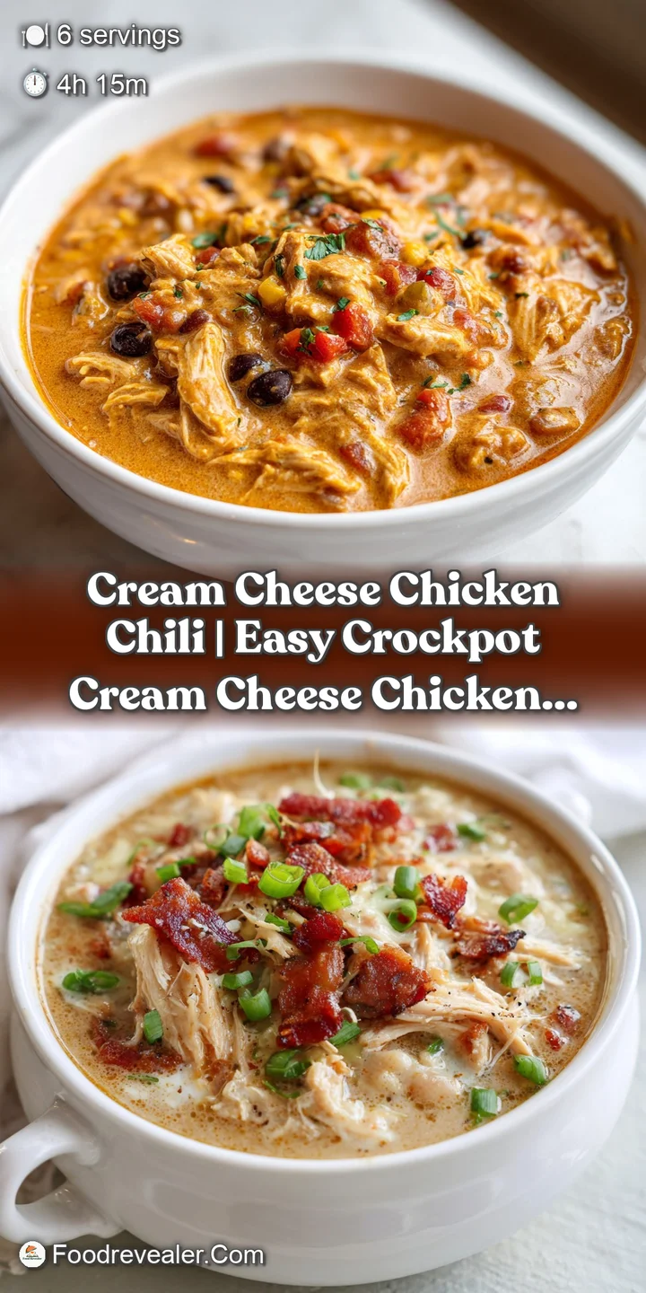 Close-up of tender chicken pieces and creamy white chili base, studded with visible red beans and corn kernels.