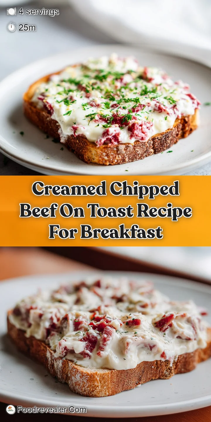 Close-up of chipped beef on toast: Rich, creamy sauce clings to torn beef, glistening on crisp toast points, topped with f...
