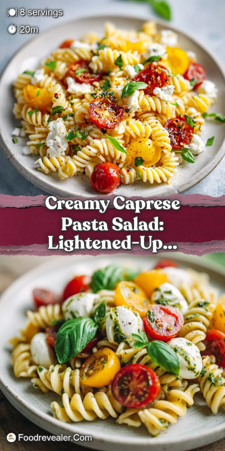 Close-up of Caprese pasta salad. Creamy mozzarella, juicy tomatoes and fresh basil leaves cling to perfectly cooked pasta.