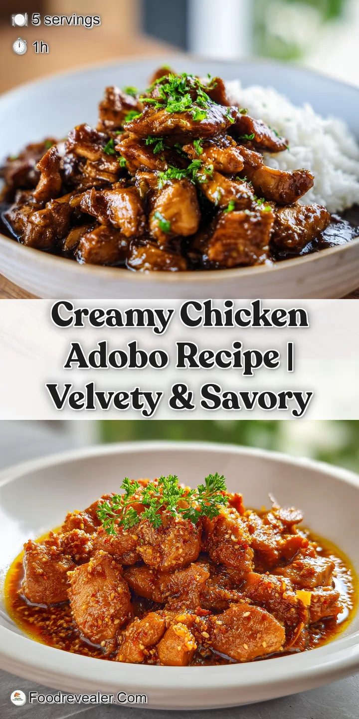 A close-up of glistening chicken adobo pieces bathed in rich, creamy coconut milk sauce. Hints of soy sauce and vinegar ad...