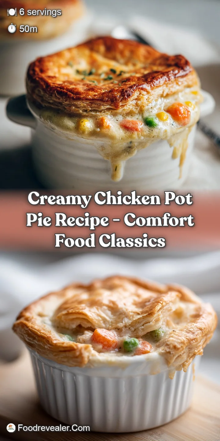 Close-up of a steaming forkful of creamy chicken pot pie, showing fluffy pastry and colorful vegetable chunks.