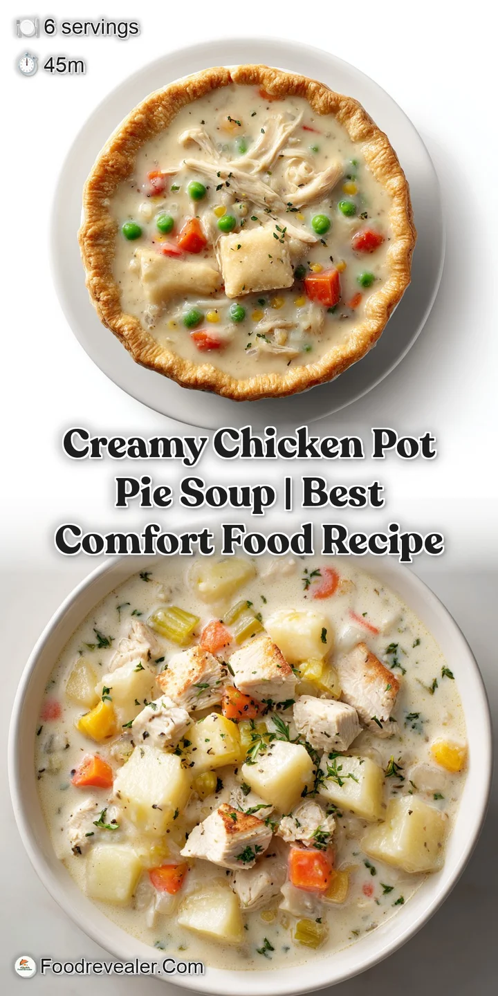 Close-up of thick, creamy chicken pot pie soup, showing tender chicken chunks and vibrant vegetables in a warm bowl.