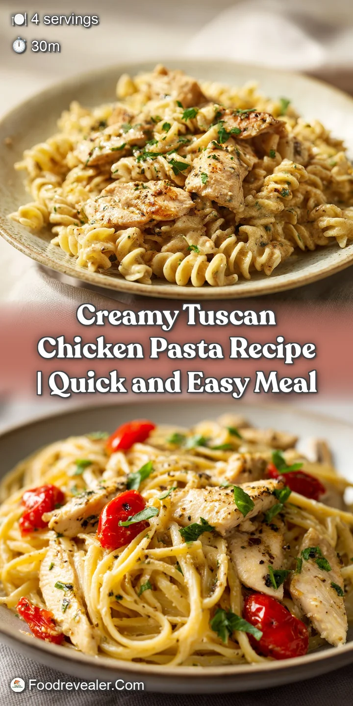 Close-up of glistening creamy pasta with juicy chicken, bursting sun-dried tomatoes and bright green spinach; enticing war...