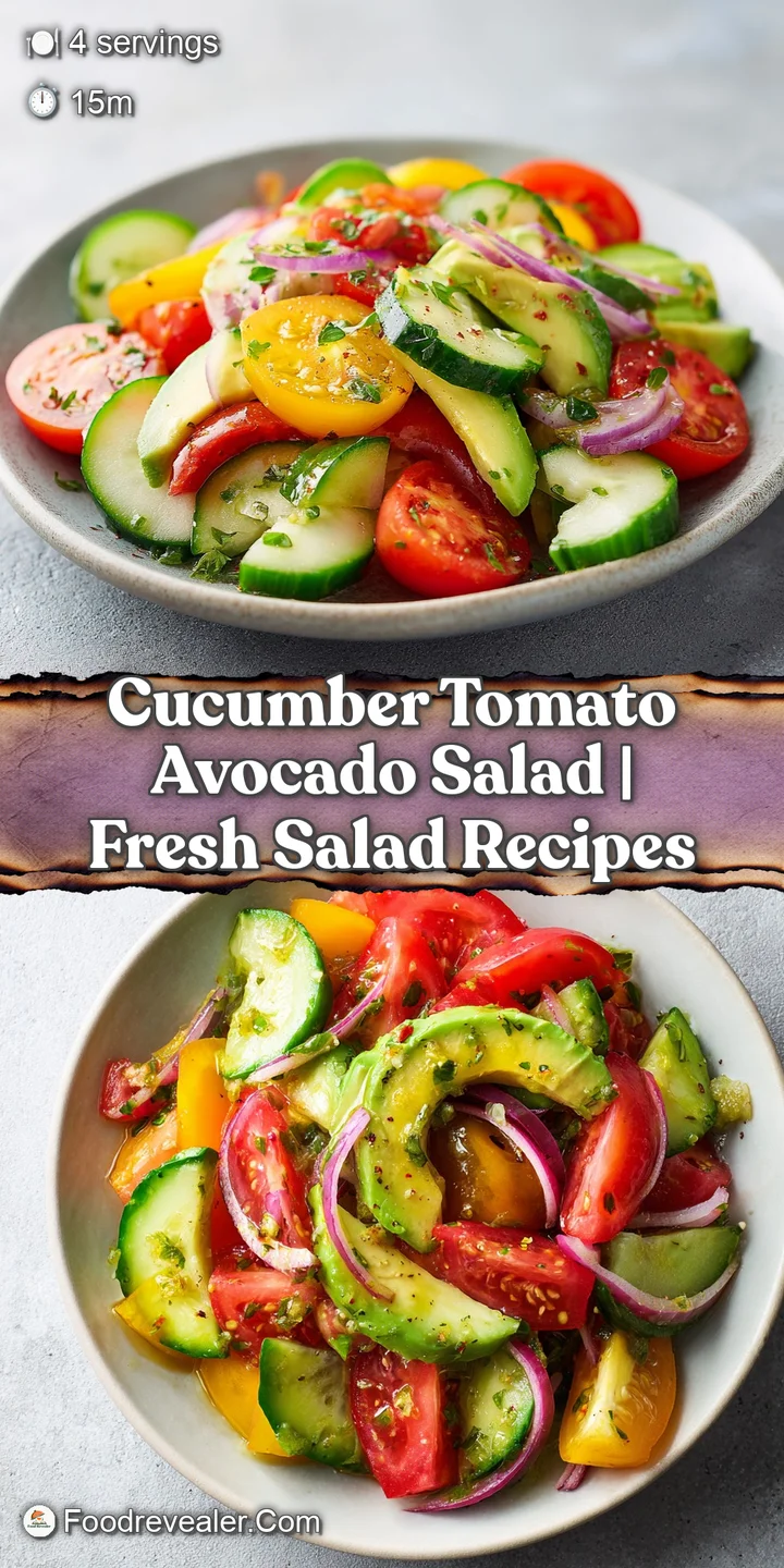 Close-up of crisp cucumber slices, ripe tomato wedges, and smooth avocado pieces, bursting with fresh colors and textures.