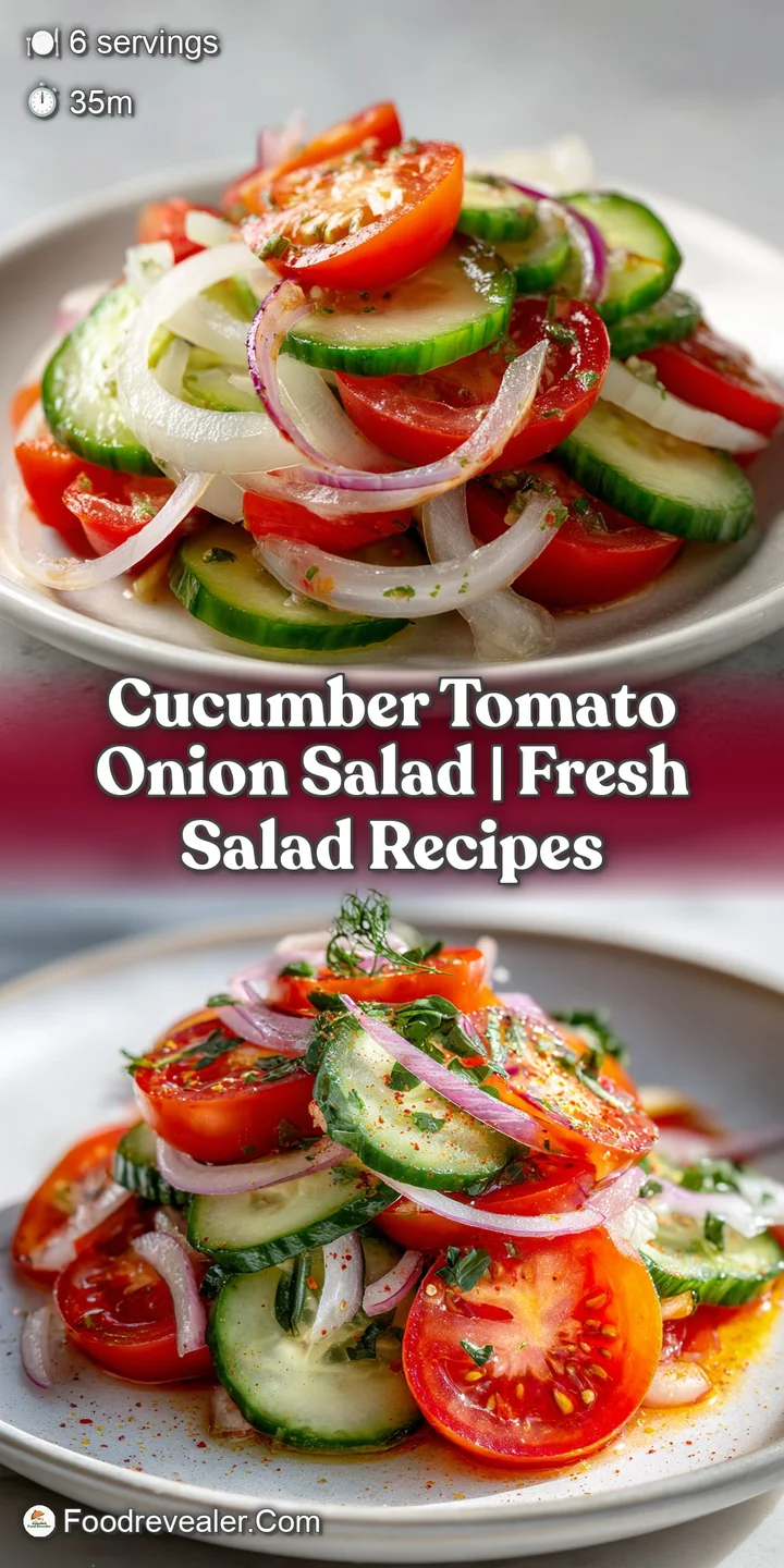 Close-up shows glistening slices of cucumber and tomato. A light dressing coats the vegetables giving them an appealing, ...