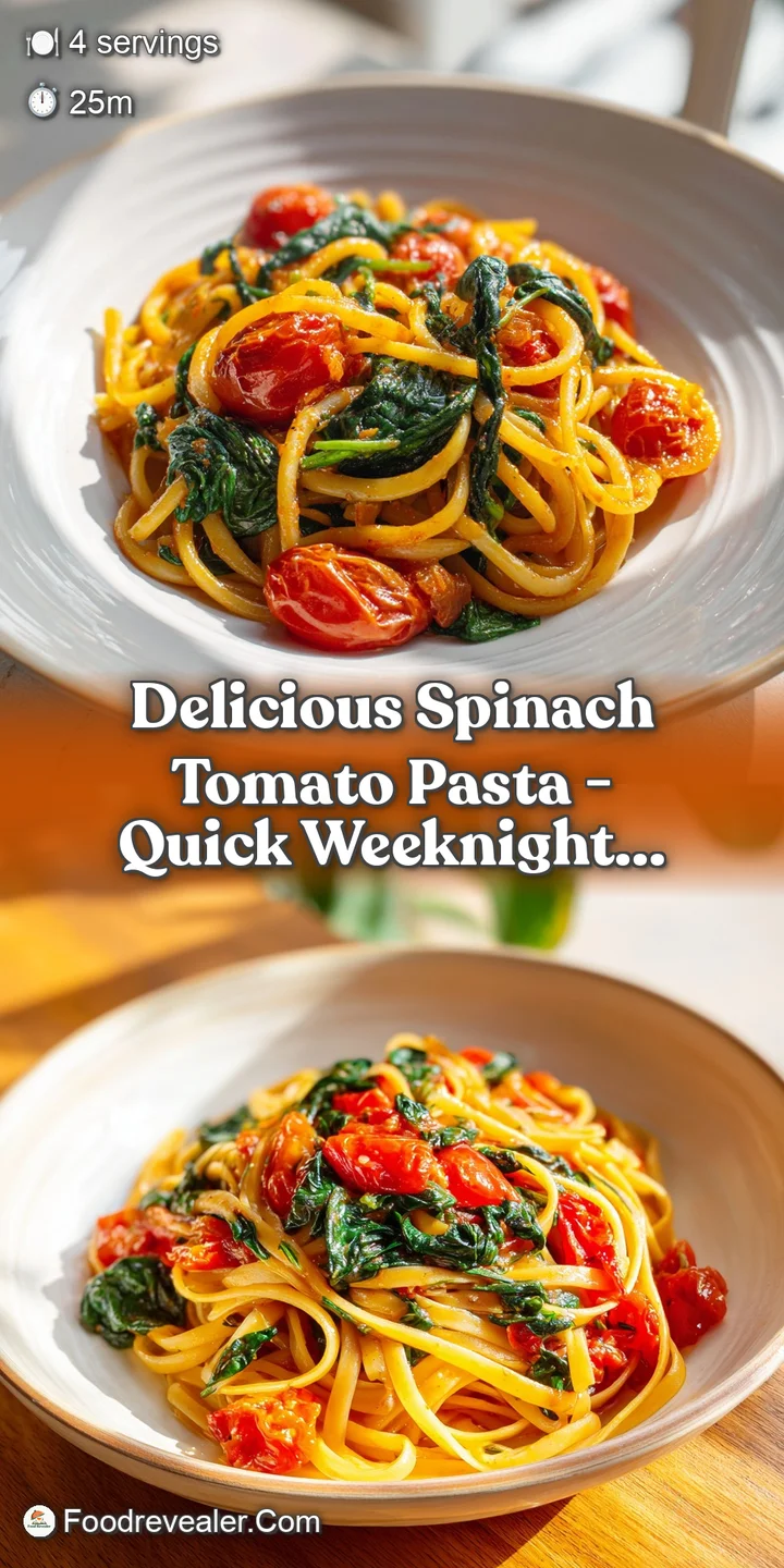 Close-up of glistening pasta with spinach & chunky tomato sauce. Steam hints at comforting warmth, tempting the appetite.