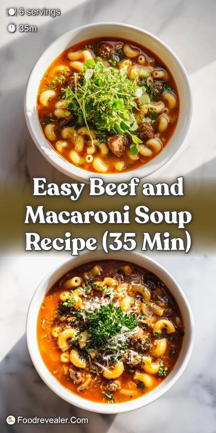 Close-up of tender beef chunks and al dente macaroni swirling in a deeply colored, aromatic tomato-based soup.