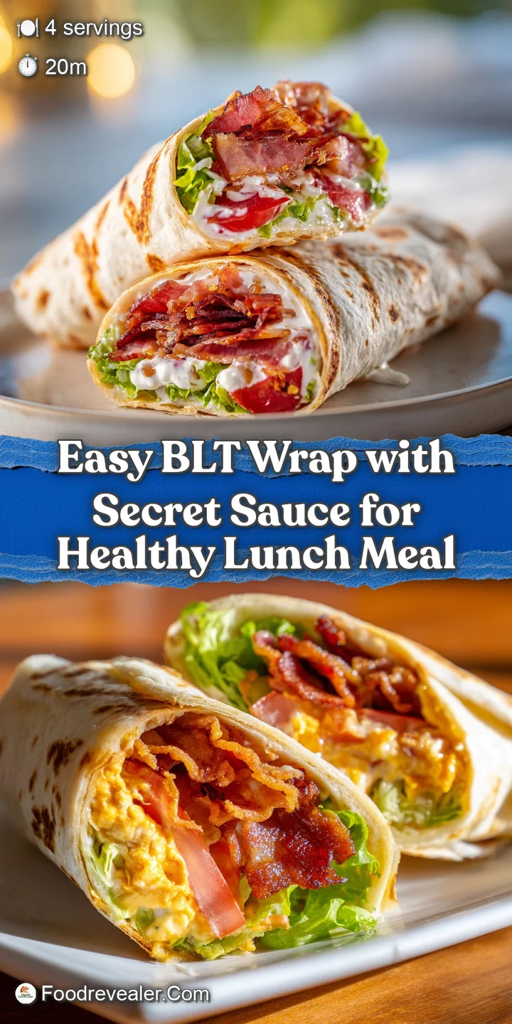 Close-up of a BLT wrap: visible layers of juicy tomato, crispy bacon, & vibrant green lettuce are coated in a creamy sauce.