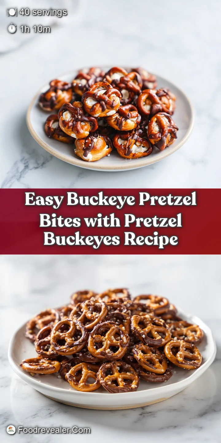 Close-up of a buckeye pretzel bite. The shiny chocolate and creamy peanut butter call to your sweet tooth.