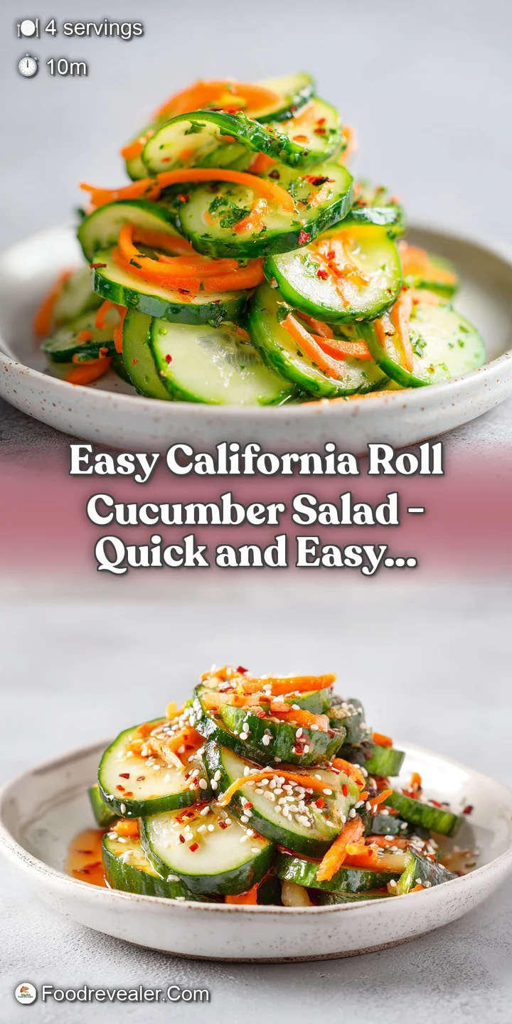 Close-up of a fresh California roll salad showcasing bright cucumber, creamy avocado, and imitation crab with vibrant gree...