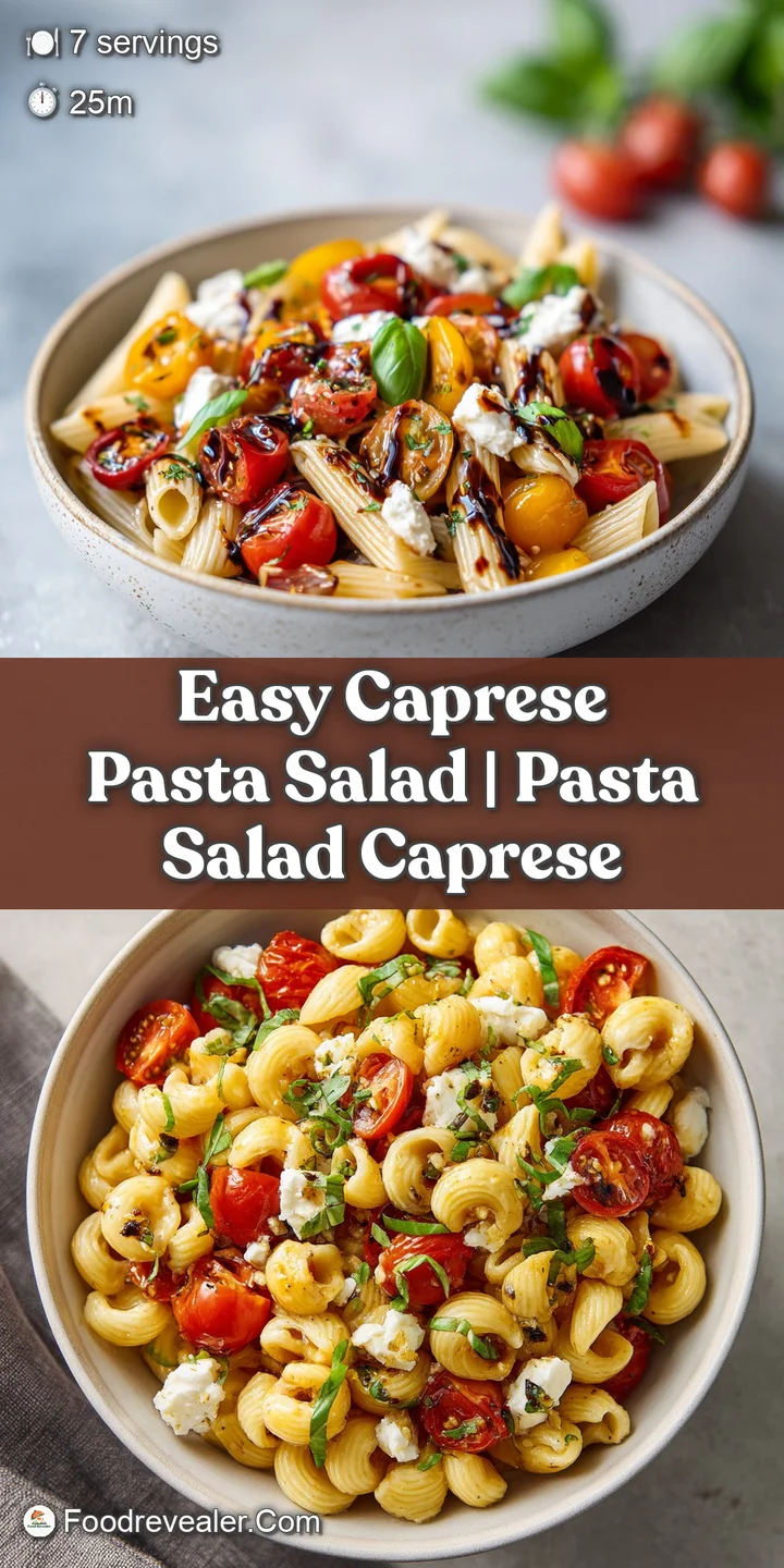 Close-up: Glossy Caprese pasta salad. Juicy tomatoes, soft mozzarella, basil, and pasta lightly coated with glistening oil.