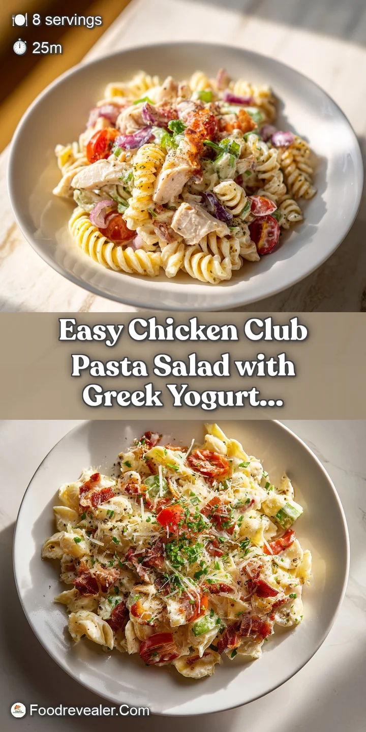 Close-up reveals the creamy texture of the pasta salad, with visible bits of juicy chicken, bacon, and fresh herbs.