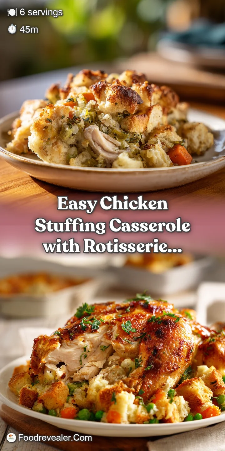 Close-up of a chicken stuffing casserole: moist chunks of chicken, soft stuffing, and a golden-brown, slightly crunchy cru...