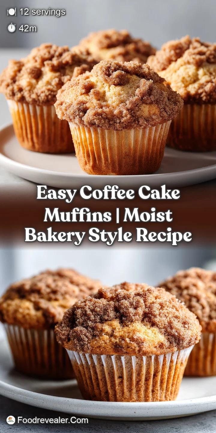 Close-up of a moist coffee cake muffin, showcasing the textured streusel and soft crumb inside. Warm, inviting breakfast t...