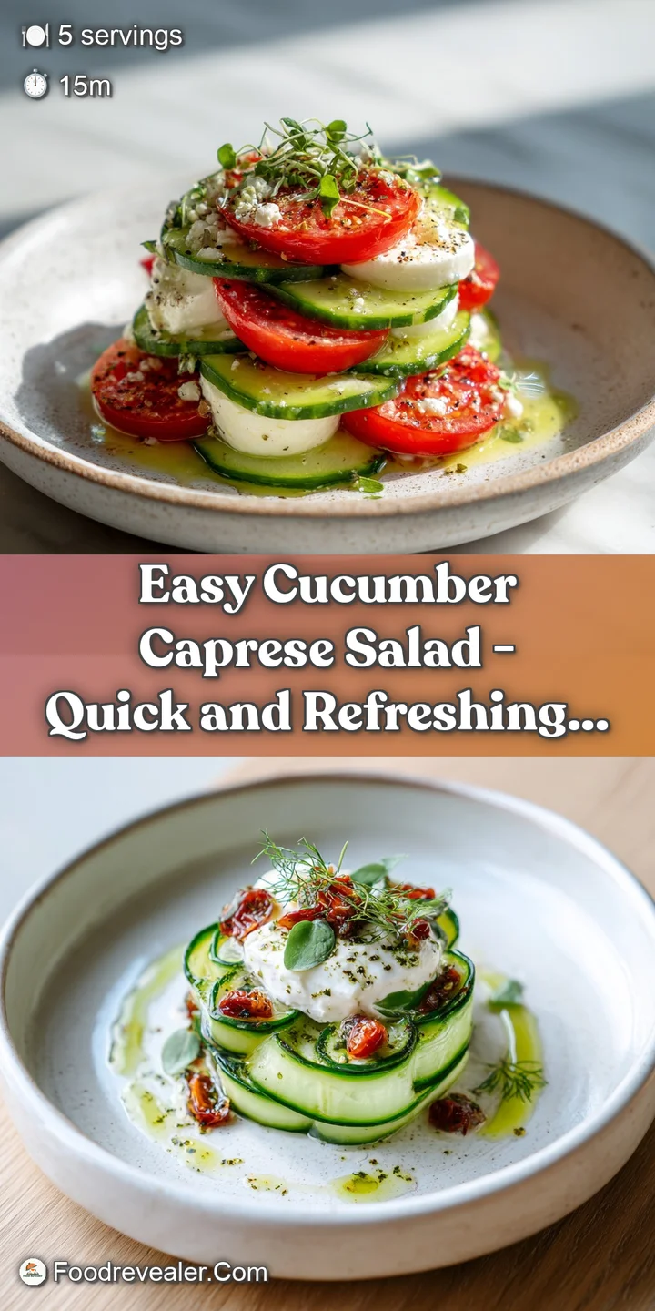 Close-up captures the fresh, glistening textures of a Cucumber Caprese salad: plump tomatoes, soft mozzarella, and vibrant...