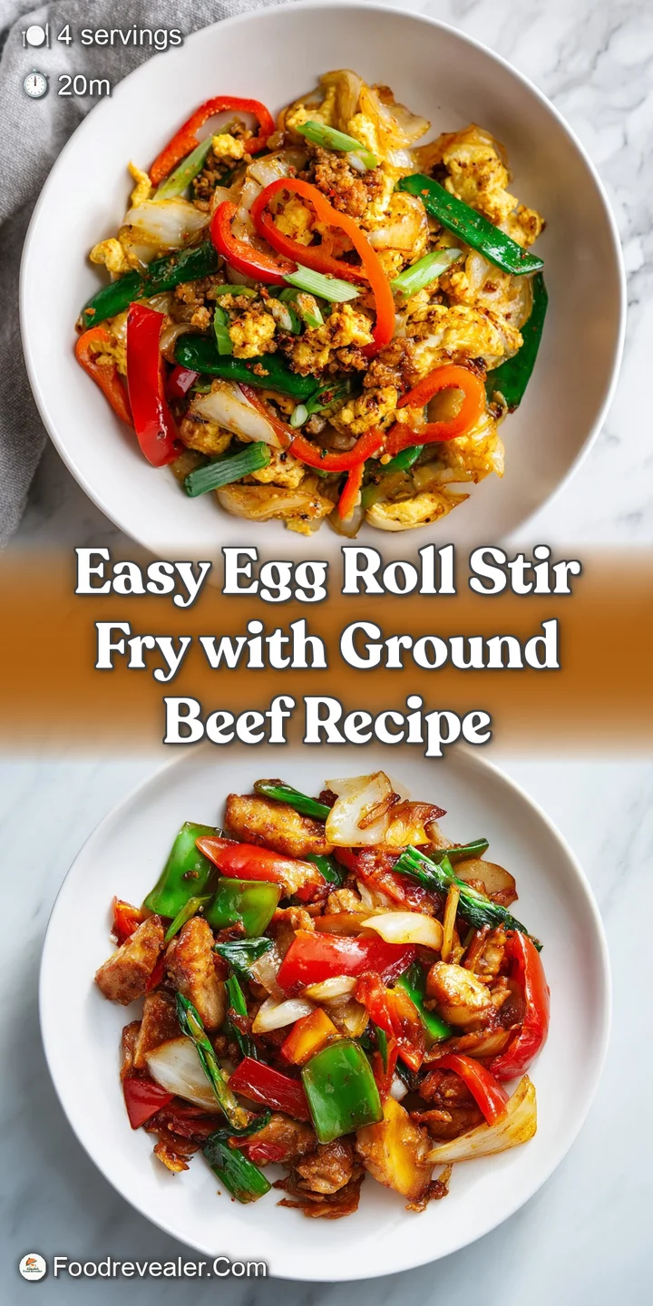 Close-up of glistening stir fry, capturing the textures of the noodles, vegetables, and crispy egg roll pieces.