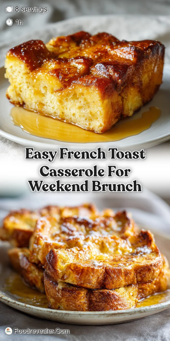 Close-up of glistening french toast casserole, showcasing the soft texture and caramelized edges, topped with ripe, purple...