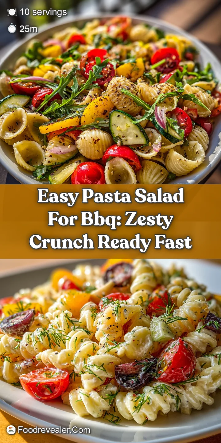 Close-up shows the creamy, tangy dressing clinging to the colorful pasta and vegetables. Fresh herbs add a bright pop of g...