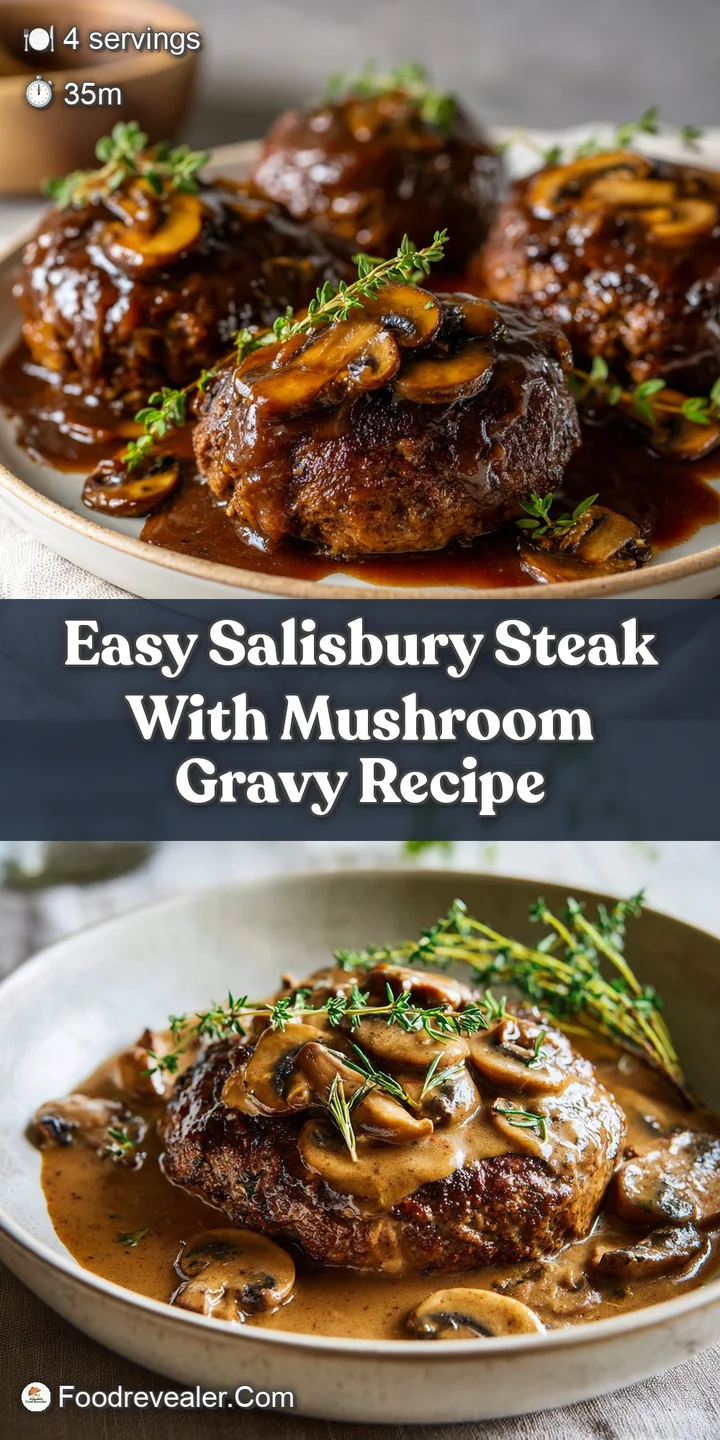 Close-up of a juicy Salisbury steak swimming in savory mushroom gravy, showcasing the browned edges and tender texture. Mo...