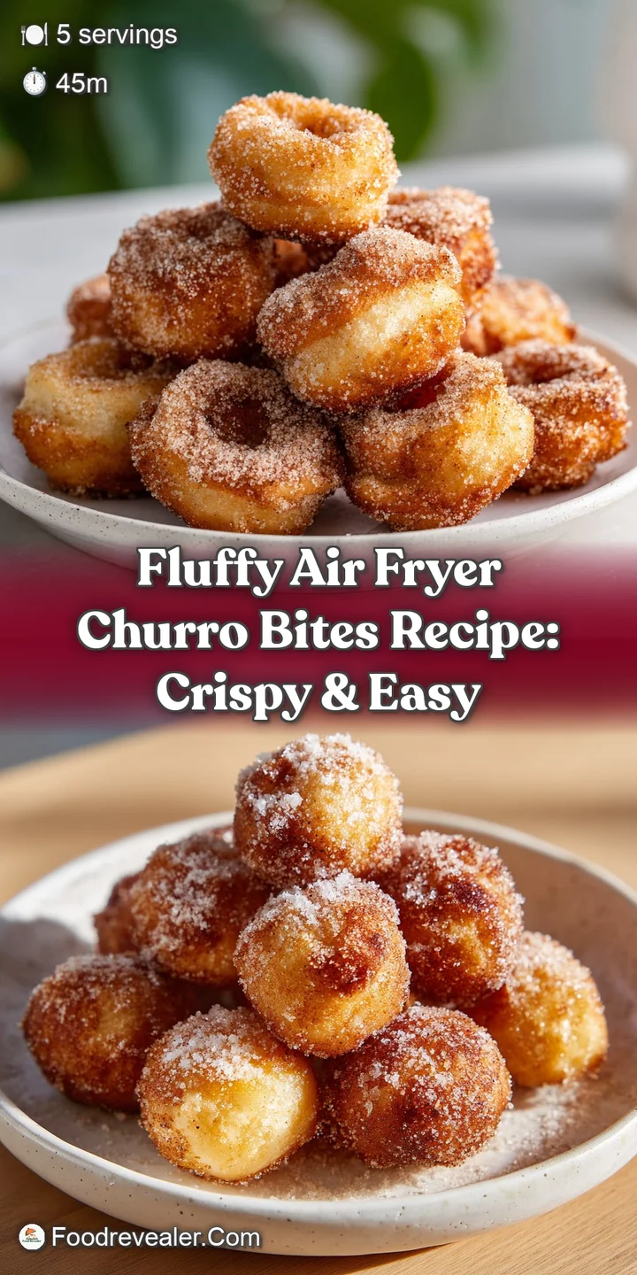 Close-up of sugary, air-fried churro bites, showing the light, crispy texture and glistening cinnamon-sugar coating. Mouth...