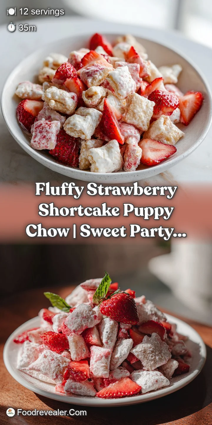 Close-up view of strawberry shortcake puppy chow: sugary, pink-dusted cereal with a crisp texture, studded with strawberry...