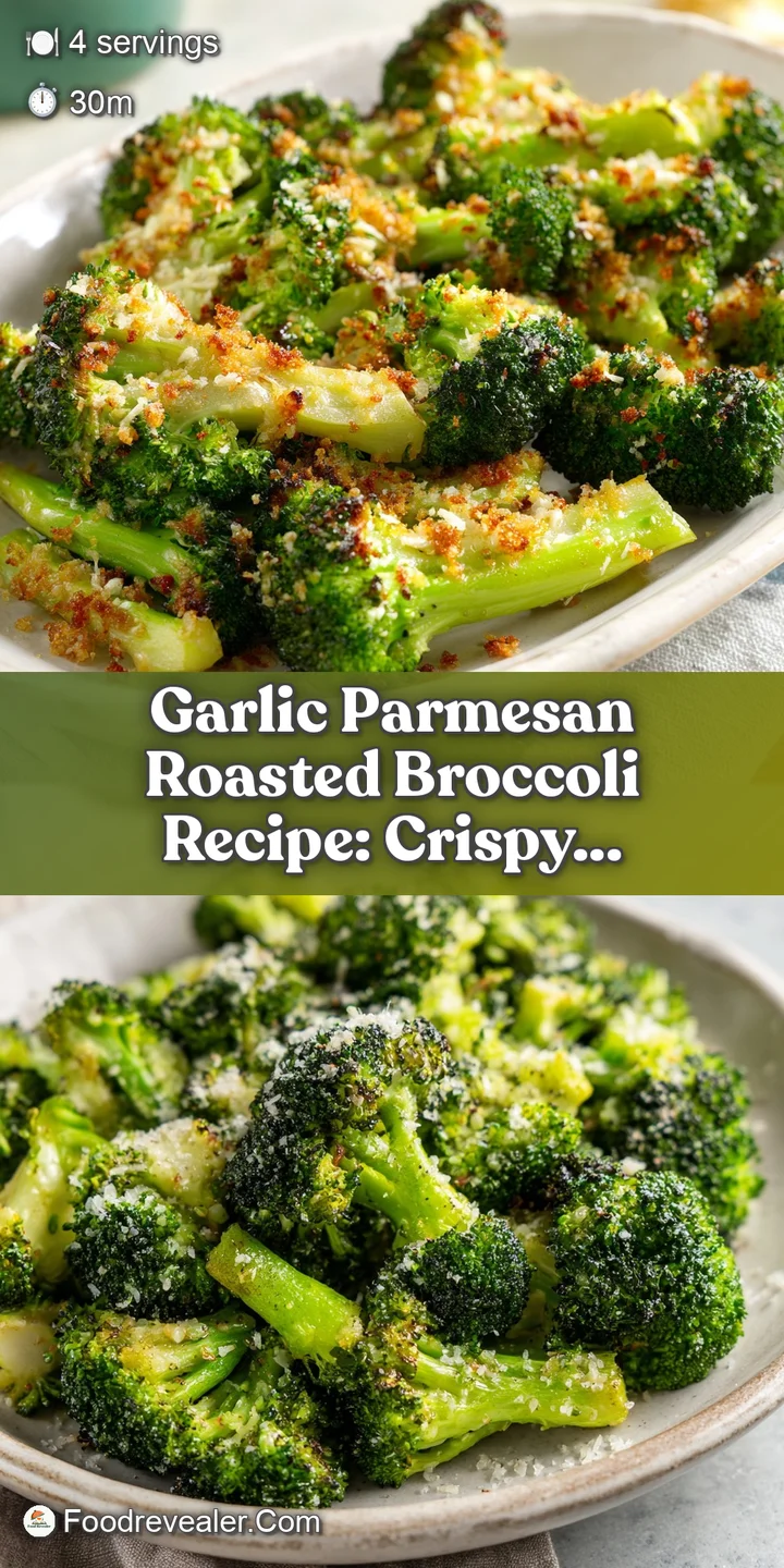 Close-up of garlic parmesan broccoli. Notice the golden-brown roasted bits and melted cheese on the vegetable.