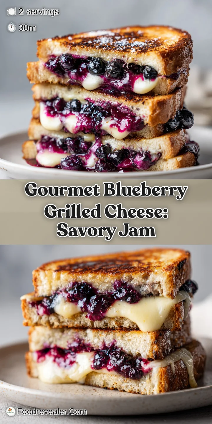 Close-up shows warm, gooey cheese studded with bursting blueberries nestled between golden-brown toasted bread crust.