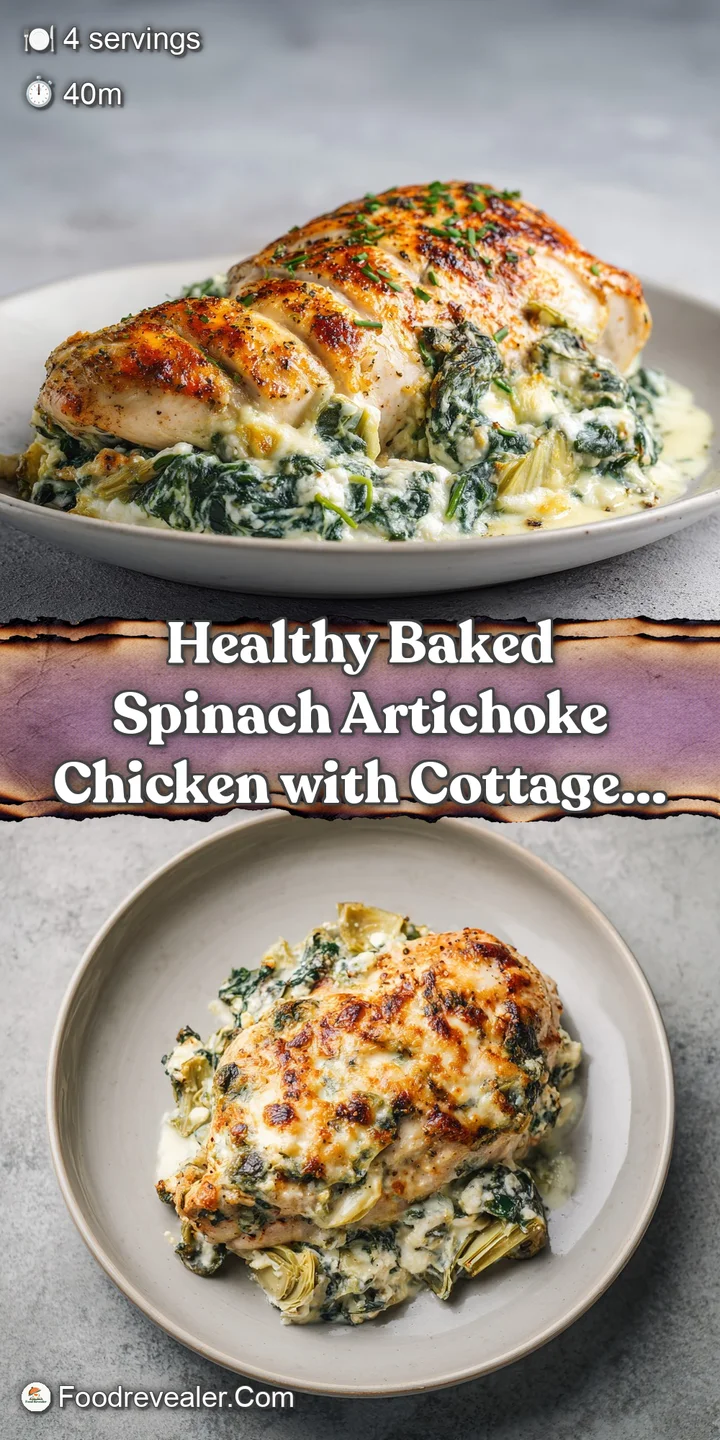 Close-up of a creamy, cheesy spinach artichoke topping on baked chicken. The dish is golden-brown and looks moist and flav...