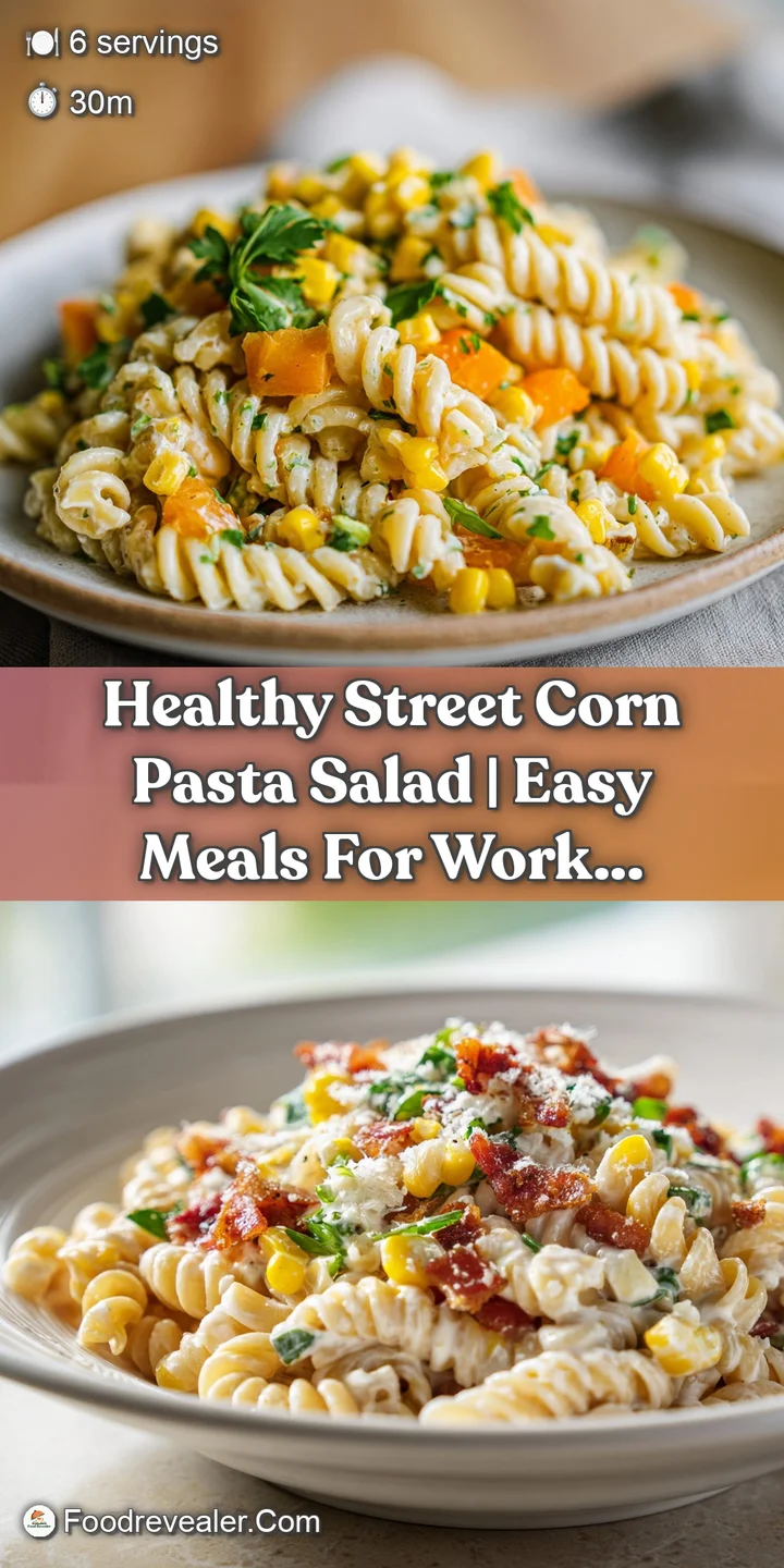 Close-up of creamy pasta salad: juicy corn kernels, vibrant peppers, a rich sauce, and sprinkled herbs, all tempting and f...