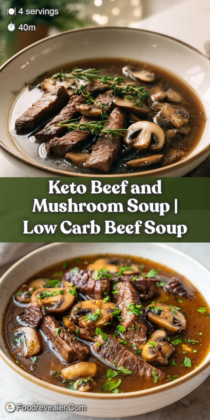 Close-up of succulent browned beef and sliced mushrooms submerged in a thick, glossy dark broth with fresh herbs.