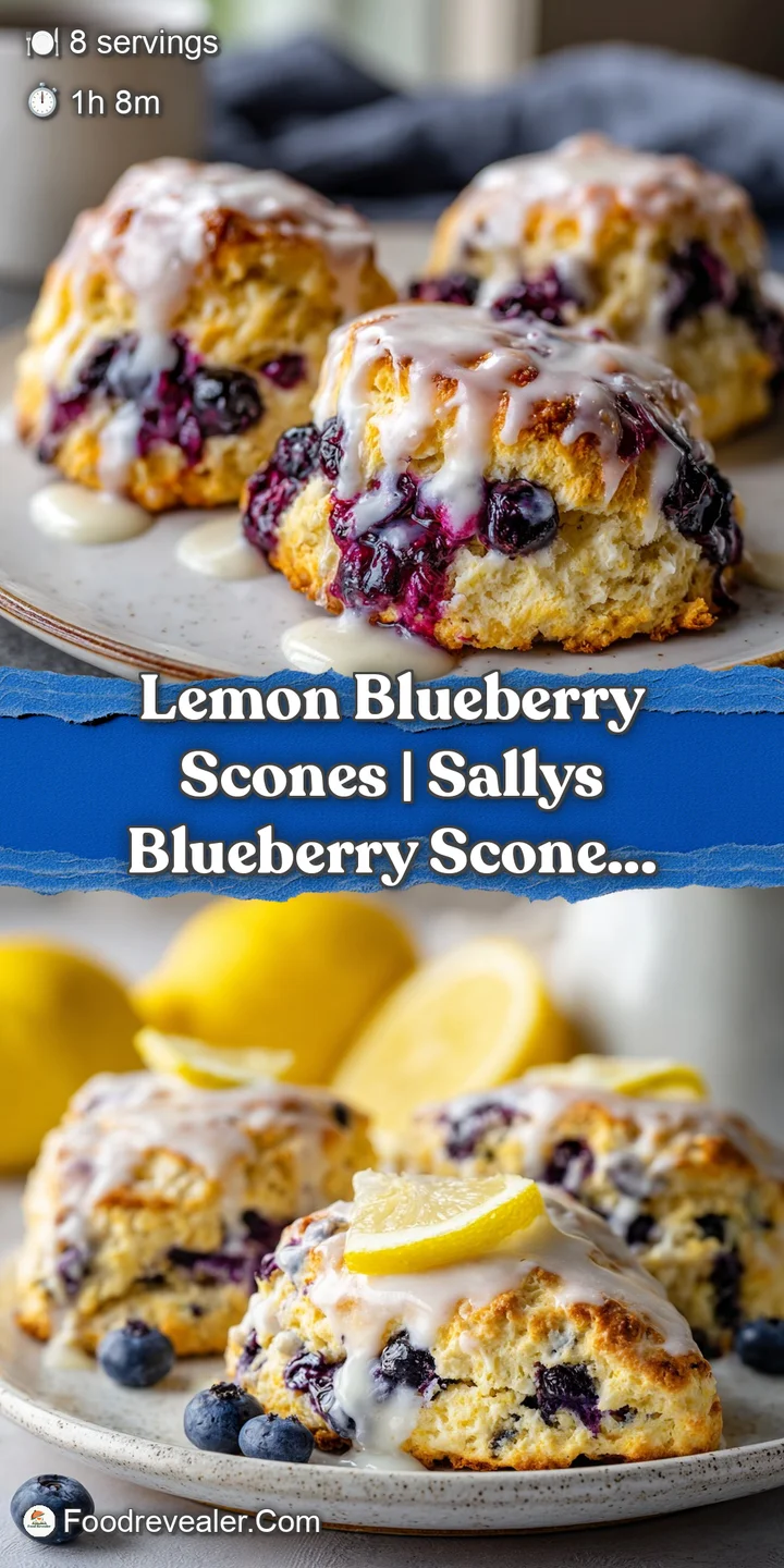 Close-up of a moist lemon blueberry scone with a sugary glaze. Visible bits of lemon zest and a light, airy texture are en...
