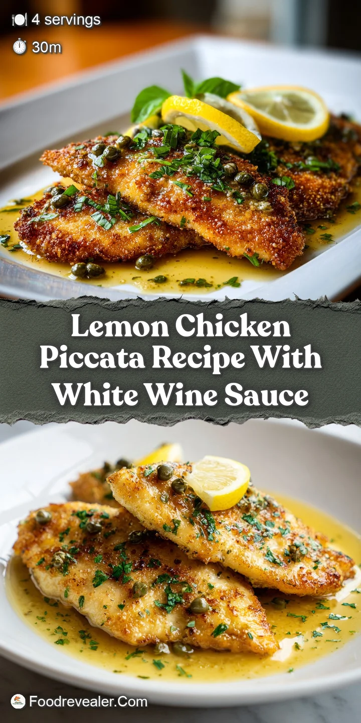 Close-up of lemon chicken piccata. Juicy chicken breast with briny capers and a bright, shimmering lemon butter sauce visi...