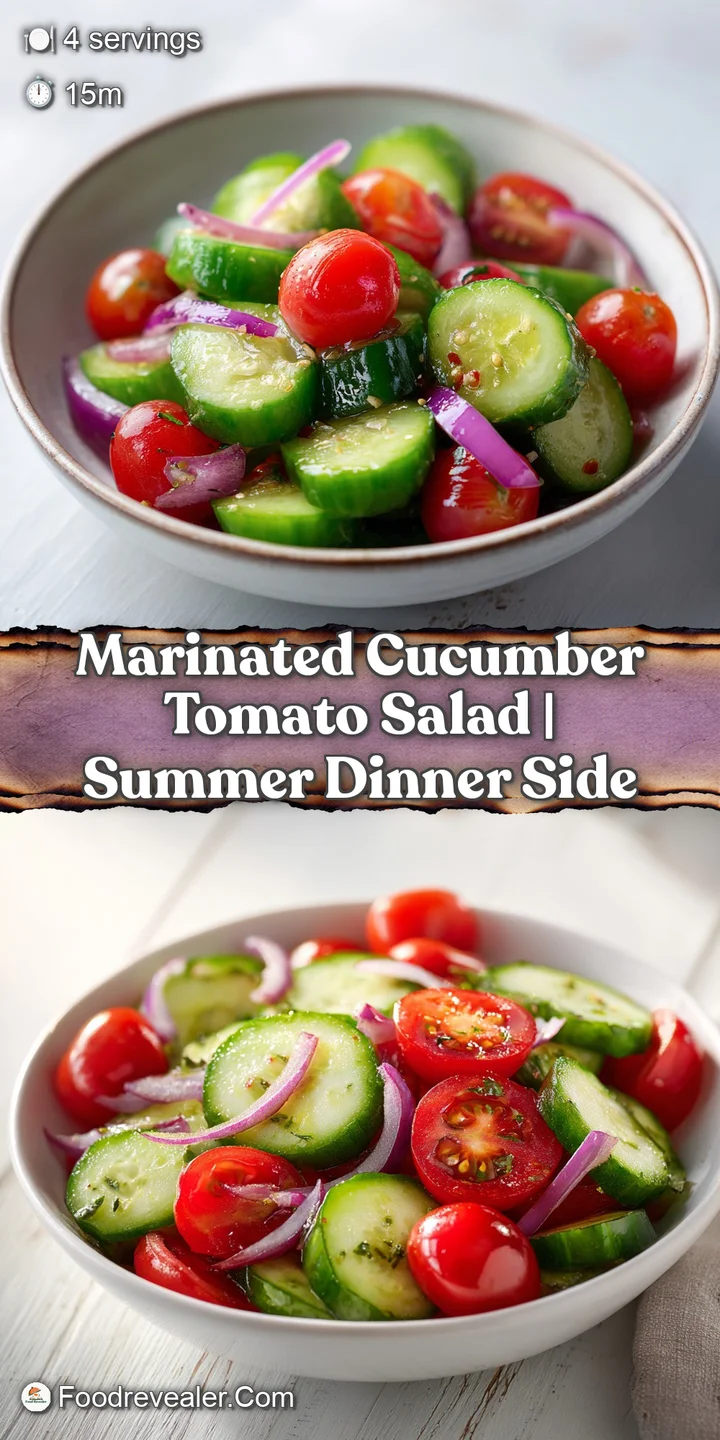 Macro shot of glistening, oil-coated cucumber slices and juicy red tomato chunks with flecks of black pepper.