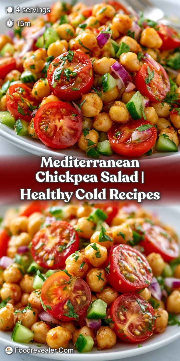 Close-up of glossy, olive-oil coated chickpeas mixed with bright red onions and emerald green herbs in a glass bowl.
