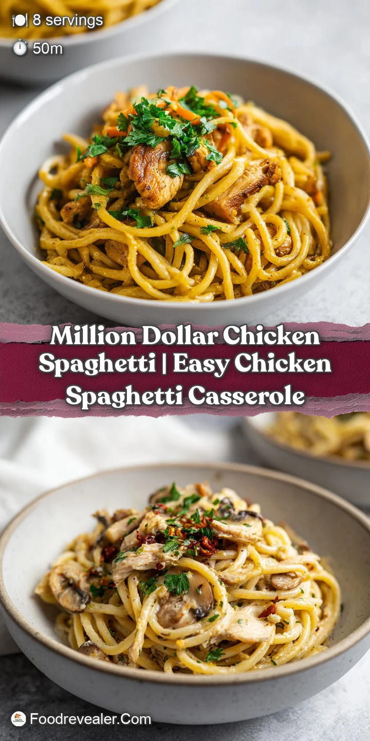 Close-up of tender spaghetti coated in a rich, creamy sauce, with visible pieces of chicken and cheese.