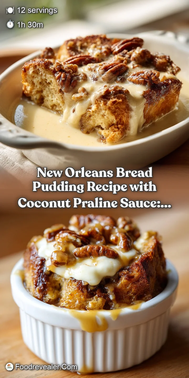 Close-up of luscious bread pudding with a glistening coconut praline sauce, highlighting the moist texture and rich color.