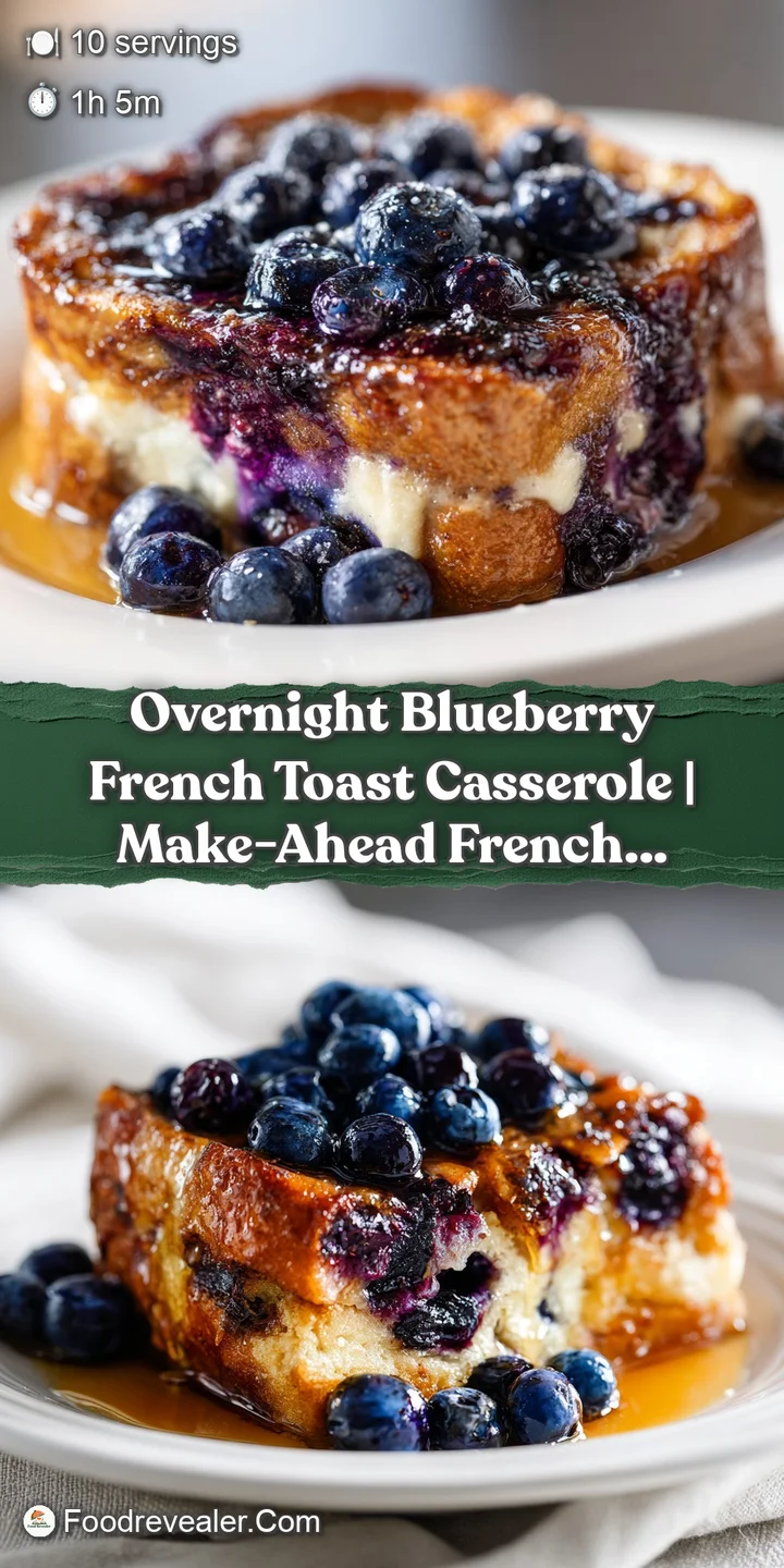 Close-up of a golden-brown Blueberry French Toast bake. Juicy berries dot the top of this custardy casserole, promising a ...