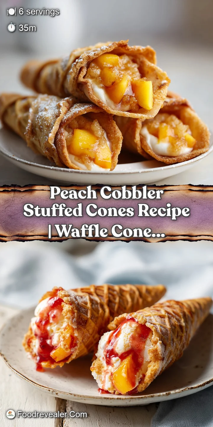 Close-up view of a gooey peach cobbler cone. Soft baked peaches and a flaky, golden-brown crust dripping with sweet syrup.