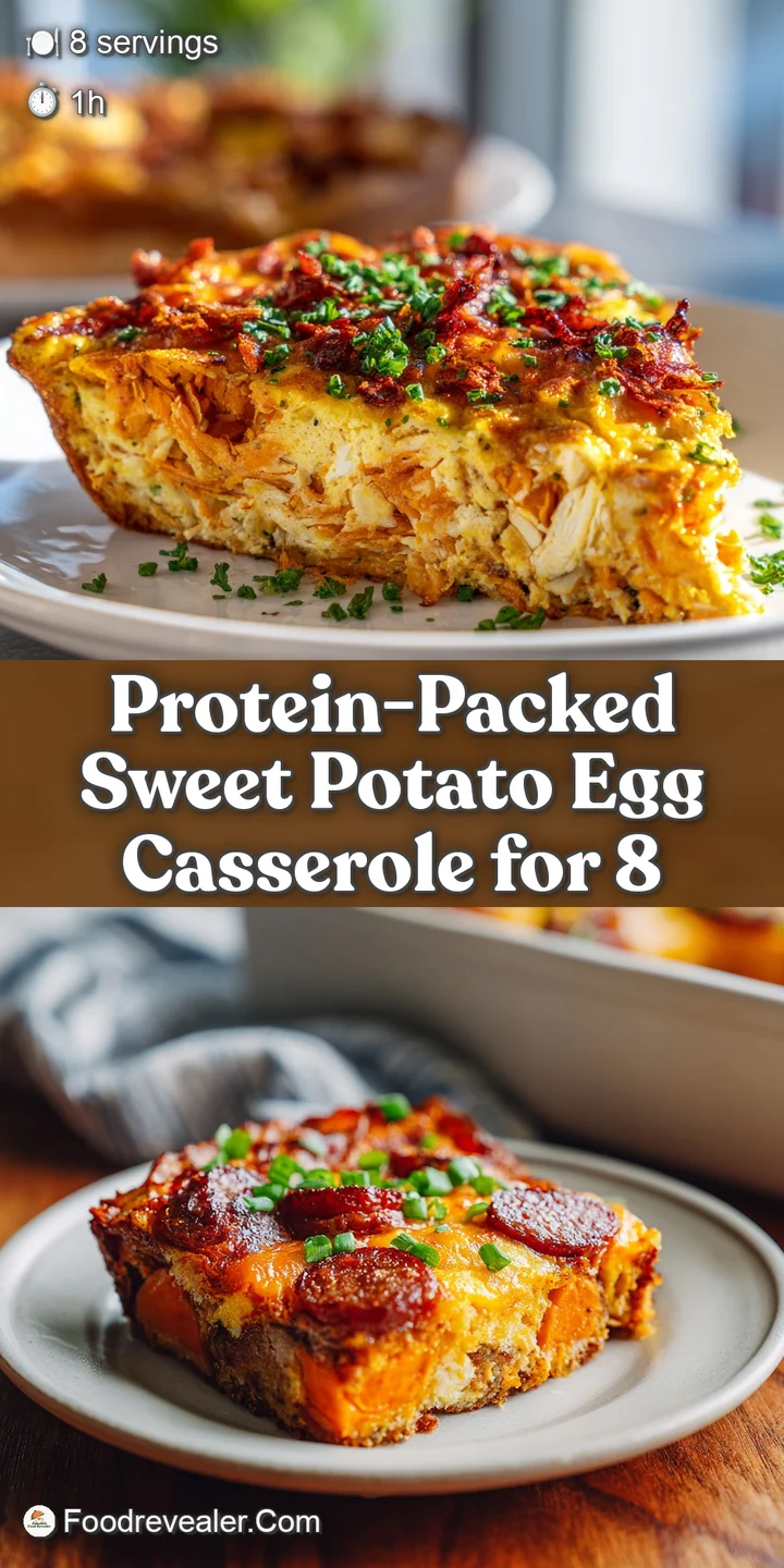 Close-up of a warm protein casserole with visible steam, showcasing tender sweet potatoes, rich eggs, and a slight golden ...